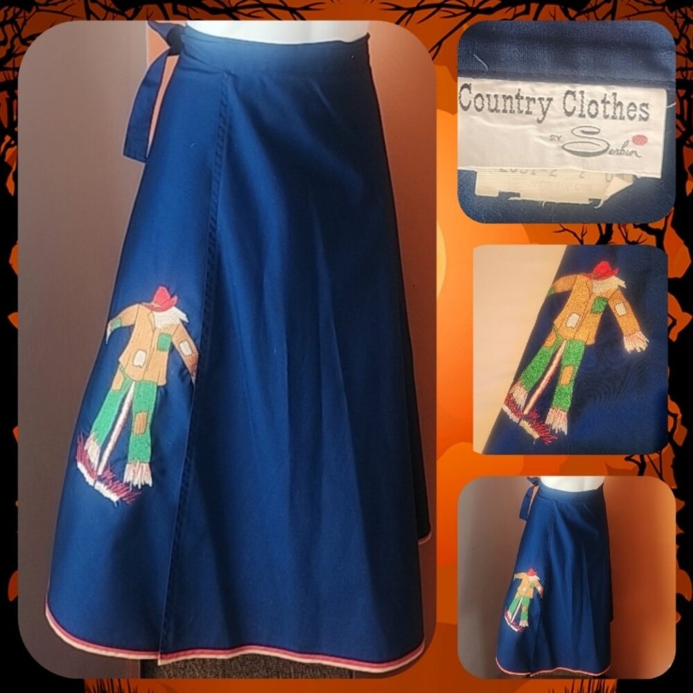 Navy blue wrap around akirt with scarecrow